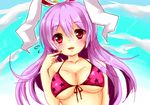  alternate_costume animal_ears bikini_top blue_sky blush breasts bunny_ears cleavage cloud collarbone finger_to_face flying_sweatdrops front-tie_top head_tilt long_hair medium_breasts parted_lips purple_hair red_eyes reisen_udongein_inaba sakuramau sky solo star star_print touhou underboob upper_body 