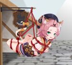  1girl absurdres animal_ears barefoot bdsm bondage bound cat_ears cat_girl cat_tail diona_(genshin_impact) feet genshin_impact green_eyes highres looking_at_viewer open_mouth pink_hair red_rope restrained rope shibari soles solo tail toes xinyu_ypd3167 
