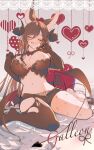  1girl absurdly_long_hair alternate_costume animal_ears asymmetrical_legwear bandeau bed_sheet black_gloves black_thighhighs blush breasts character_name closed_eyes closed_mouth cross_tie demon_tail elbow_gloves facing_viewer fake_tail fishnet_pantyhose fishnets galleon_(granblue_fantasy) gloves granblue_fantasy hanasaki_arumu heart highres horns large_breasts licking_lips long_hair low_wings micro_shorts mismatched_legwear multicolored_hair navel pantyhose pointy_ears shorts sidelocks single_leg_pantyhose single_thighhigh sitting solo streaked_hair tail thighhighs tongue tongue_out twitter_username very_long_hair wariza wings 