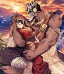  1boy 1girl armlet bandaged_leg bandages bara black_hair breasts cleavage closed_eyes dark-skinned_male dark_skin dress earrings gold_necklace height_difference helmet henna hetero hime_cut hood hood_up hug indian_clothes jewelry long_hair looking_at_viewer mountain muscular muscular_male necklace pectoral_cleavage pectorals protagonist_2_(housamo) red_dress shirt shiva_(housamo) sleeveless sleeveless_shirt sunset tass_commuovere thick_arms tokyo_afterschool_summoners 