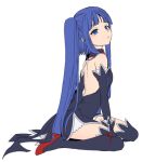  1girl angel_mort arm_between_legs bare_back bare_shoulders black_leotard black_sleeves blue_eyes blue_hair blunt_bangs bow closed_mouth creator_connection crossover detached_collar detached_sleeves expressionless flat_chest furudo_erika ganno high_heels higurashi_no_naku_koro_ni leotard long_hair lowres red_footwear ribbon showgirl_skirt sidelocks simple_background sitting solo strapless strapless_leotard thighhighs twintails umineko_no_naku_koro_ni very_long_hair white_background 