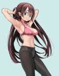  1girl absurdres adjusting_hair armpits bikini bikini_top_only black_pantyhose breasts brown_hair cleavage commentary_request eudetenis green_eyes highres long_hair looking_at_viewer making-of_available medium_breasts navel panties panties_under_pantyhose pantyhose pink_bikini pokemon pokemon_bw2 rosa_(pokemon) seamed_legwear side-seamed_legwear solo standing swimsuit underwear very_long_hair white_panties 