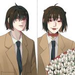  1boy ahoge animal_collar animal_ears black_hair black_necktie bouquet brown_jacket chinese_commentary collar commentary_request dog_ears fangs flower highres jacket kemonomimi_mode male_focus necktie open_mouth red_collar red_eyes smile split_screen spy_x_family yoshiki43445590 yuri_briar 