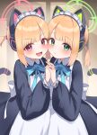  2girls :3 absurdres animal_ear_headphones animal_ears apron blue_archive blue_ribbon blush cat_ear_headphones cat_tail fake_animal_ears green_eyes halo headphones highres holding_hands long_hair long_sleeves looking_at_viewer maid maid_apron maid_headdress midori_(blue_archive) midori_(maid)_(blue_archive) minazuki_(user_ejyk8423) momoi_(blue_archive) momoi_(maid)_(blue_archive) multiple_girls official_alternate_costume open_mouth orange_hair ponytail purple_eyes ribbon siblings sidelocks sisters tail twins 