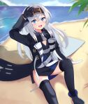  1girl :d absurdres aj_gtv arm_behind_back arm_support arm_up azur_lane beach black_coat black_dress black_gloves blue_eyes bon_homme_richard_(azur_lane) coat commission day dress fur-trimmed_coat fur_trim gloves hair_between_eyes hairband hand_on_own_forehead happy highres knee_up legs_apart long_hair long_sleeves looking_at_viewer ocean on_ground open_clothes open_coat outdoors pixiv_commission sitting smile solo teeth thighhighs upper_teeth_only very_long_hair white_hair 