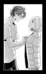  1boy 1girl blush bob_cut couple cowboy_shot from_side greyscale grin hands_up height_difference hetero long_sleeves looking_at_another looking_down minato_(pixiv31986490) monochrome niina_junpei profile protagonist_(tokimemo_gs3) shirt short_hair short_sleeves simple_background sleeves_past_wrists smile t-shirt tokimeki_memorial tokimeki_memorial_girl&#039;s_side_3rd_story undressing 