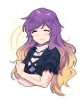  1girl biceps blonde_hair closed_eyes closed_mouth cross-laced_clothes dress flexing gradient_hair hijiri_byakuren layered_dress light_blush long_hair multicolored_hair purple_hair re_ghotion simple_background smile solo touhou veins veiny_arms white_background 