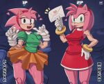 &lt;3 accessory amy_rose anthro bottomwear bracelet classic_amy_rose classic_sonic_(universe) clothing dress duo envelope eulipotyphlan female finger_on_face gloves hair_accessory hairband hand_on_hip handwear headband hedgehog hi_res jewelry mammal massivetwo muscular_legs sega shirt skirt sonic_the_hedgehog_(series) tongue tongue_out topwear