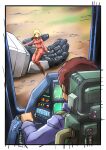  1boy 1girl amuro_ray blonde_hair blue_eyes brown_hair cockpit commentary_request gundam highres looking_at_viewer mecha mobile_suit_gundam robot rx-78-2 sayla_mass short_hair taiga_hiroyuki 