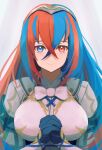  1girl alear_(female)_(fire_emblem) alear_(fire_emblem) blue_eyes blue_gloves blue_hair closed_mouth crossed_bangs fire_emblem fire_emblem_engage gloves hair_between_eyes heterochromia highres labebebe_lee light_smile long_hair looking_at_viewer multicolored_hair own_hands_clasped own_hands_together red_eyes red_hair solo split-color_hair tiara two-tone_hair white_background 