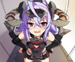  baphogridr_girl bare_shoulders blue_hair blurry blurry_background blush breasts cosmic_break detached_sleeves fangs hands_on_own_hips horns looking_at_viewer mecha_musume open_mouth purple_eyes short_hair short_shorts shorts sidelocks small_breasts tsukinami_kousuke 