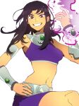  1girl absurdres arm_armor arm_guards armlet bare_shoulders belt black_hair blackfire breasts closed_mouth colored_skin cowboy_shot crop_top dc_comics energy gem gorget green_gemstone hand_on_own_hip hand_up highres isaacchief300 knee_up long_hair looking_at_viewer medium_breasts metal_belt midriff navel open_hand parted_bangs purple_eyes purple_skirt purple_tank_top skirt smile solo superhero tank_top teen_titans teeth thighs v-shaped_eyebrows yellow_skin 