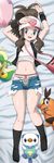  baseball_cap blush cutoffs denim denim_shorts front-print_panties gen_5_pokemon hat highres long_hair midriff minccino munna navel open_fly open_mouth oshawott panties pokemoa pokemon pokemon_(creature) pokemon_(game) pokemon_bw print_panties shiny shiny_skin shirt_lift short_shorts shorts smile snivy tepig touko_(pokemon) underwear unzipped 