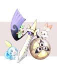  aegislash blue_eyes bright_pupils brown_background commentary_request fireblast grookey highres monkey no_humans one-eyed open_mouth pokemon pokemon_(creature) rabbit scorbunny shield sitting smile sobble starter_pokemon_trio sword tail teeth two-tone_background upper_teeth_only weapon white_background white_fur white_pupils 