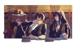  1girl 2boys black_eyes black_hair blue_eyes book brown_hair glasses holding holding_book holding_key hong_lu_(project_moon) indoors jewelry key library limbus_company long_hair multiple_boys necklace parted_lips project_moon reading rodion_(project_moon) satome_setsuko slapping stole very_long_hair yi_sang_(project_moon) 