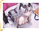  1girl azur_lane bare_shoulders bed_sheet black_hair blush breasts cleavage closed_mouth elbe_(azur_lane) eyewear_on_head highres long_hair looking_at_viewer multicolored_hair nekometaru non-web_source official_art pillow solo sunglasses white_hair 