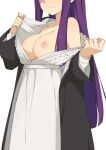  1girl bare_shoulders black_coat breasts closed_mouth coat collarbone commentary_request dress fern_(sousou_no_frieren) head_out_of_frame highres large_breasts long_hair long_sleeves morisobo nipples purple_hair simple_background solo sousou_no_frieren white_background white_dress 