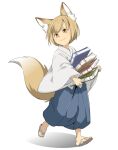  1other :3 androgynous animal_ears blue_hakama book fox_ears fox_tail full_body hakama hakama_pants holding holding_book japanese_clothes kimono koma_midori light_brown_hair pants sandals simple_background tail touhou white_background white_kimono yellow_eyes youkai_fox_(forbidden_scrollery) 