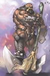  1boy astaroth_(soulcalibur) axe bald gloves huge_weapon male male_focus muscle solo soul_calibur soulcalibur_legends standing weapon 