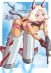  1girl absurdres animal_ears ass beam_rifle blonde_hair blue_eyes cat_ears energy_gun gundam highres k_katora looking_at_viewer mobile_suit_gundam normal_suit sayla_mass short_hair sky smile strike_witches strike_witches:_aurora_no_majo strike_witches:_suomus_misfits_squadron striker_unit weapon white_base world_witches_series 