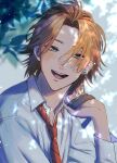  1boy :d blue_eyes blurry collared_shirt day depth_of_field earrings from_side habataki_academy_school_uniform hair_over_one_eye hand_up happy highres jewelry light_particles long_sleeves looking_at_viewer looking_to_the_side male_focus minato_(pixiv31986490) nature necktie niina_junpei open_mouth orange_hair parted_bangs red_necktie school_uniform shirt short_hair smile solo stud_earrings tokimeki_memorial tokimeki_memorial_girl&#039;s_side_3rd_story upper_body white_shirt 