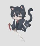  1boy animal_ears animal_hands black_eyes black_hair black_kimono black_vest cat_ears cat_tail chibi closed_mouth collared_shirt floating holding holding_sword holding_weapon japanese_clothes katana kimono limbus_company looking_to_the_side necktie open_clothes open_kimono project_moon red_necktie satome_setsuko shirt solo sword tail vest weapon white_shirt yi_sang_(project_moon) 