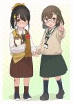  2girls absurdres bandaid bandaid_on_leg black_hair bokukawauso brown_eyes brown_hair brown_skirt c2-chan c2_kikan closed_mouth glasses green_skirt hair_ornament highres holding holding_hands id_card kantai_collection long_sleeves ma_rukan multiple_girls name_tag open_mouth re-ka-chan sailor_collar shoes side_ponytail simple_background skirt standing stuffed_toy tears 