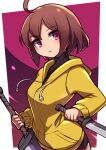  1girl ahoge bike_shorts breasts brown_hair closed_mouth commentary_request dated dual_wielding frown highres holding hood hoodie huge_ahoge knife linne looking_at_viewer purple_eyes reverse_grip shirt short_hair small_breasts solo sword umenodo under_night_in-birth weapon yellow_hoodie 