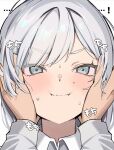  ! ...! 1girl akershus_fortress_(oshiro_project) aqua_eyes blush closed_mouth collared_shirt grey_hair hands_on_another&#039;s_cheeks hands_on_another&#039;s_face highres long_sleeves looking_at_viewer mu46016419 oshiro_project:re pov pov_hands shirt simple_background solo_focus surprised sweat white_background white_shirt 