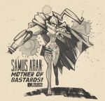 1girl artist_logo cape character_name commentary dithering english_commentary english_text facing_viewer highres holding long_hair metroid metroid_(creature) monochrome ponytail samus_aran shaded_face solo toastyghostey zero_suit 