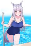 1girl animal_ears blue_one-piece_swimsuit blunt_bangs blush breasts cleavage commentary_request competition_school_swimsuit gold_ship_(umamusume) grey_hair highres horse_ears horse_girl horse_tail kerotan_(belle_reinedesu) large_breasts long_hair looking_at_viewer one-piece_swimsuit partially_submerged poolside purple_eyes school_swimsuit solo swimsuit tail tracen_swimsuit umamusume 