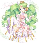  1girl bare_shoulders blue_eyes boots crown dress elbow_gloves falulu falulu_(awakened) forehead_jewel full_body gloves gold_trim green_hair hands_up headphones high_heel_boots high_heels idol_clothes knees_up long_hair looking_at_viewer musical_note open_mouth parted_bangs pink_dress pretty_series pripara sheet_music sidelocks smile solo strapless strapless_dress thigh_boots twintails very_long_hair wasabi_(sekai) white_gloves wing_hair_ornament 