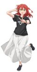  1girl adjusting_hair black_footwear black_shirt bocchi_the_rock! dot_nose full_body hair_between_eyes hands_up highres kessoku_band_logo kessoku_band_t-shirt kita_ikuyo long_hair long_skirt looking_at_viewer official_art one_side_up open_mouth red_hair shirt shoes short_sleeves simple_background skirt smile solo standing standing_on_one_leg t-shirt tachi-e transparent_background v white_skirt yellow_eyes 
