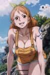  1girl ai-generated bare_shoulders bow breasts cloud earrings hair_ornament highres jemma_(iajemma) jewelry long_hair looking_at_viewer nami_(one_piece) one_piece one_piece:_stampede open_mouth orange_eyes orange_hair shoulder_tattoo smile tattoo thighs 