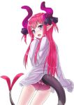  1girl arm_up ass blue_eyes dress_shirt elizabeth_bathory_(fate) elizabeth_bathory_(fate)_(all) fate/grand_order fate_(series) from_behind highres horns jd_(bibirijd) long_hair looking_back no_panties open_mouth panties pink_hair pink_panties pointy_ears ribbon shirt simple_background sleeves_past_wrists smile solo tail underwear white_background white_shirt 