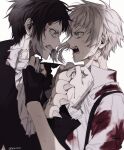  2boys akutagawa_ryuunosuke_(bungou_stray_dogs) animal_hands ascot black_gloves black_hair blood blood_on_clothes bungou_stray_dogs collared_shirt eye_contact fingerless_gloves gloves highres long_sleeves looking_at_another m_m_pb multiple_boys nakajima_atsushi_(bungou_stray_dogs) open_mouth shirt short_hair teeth v-shaped_eyebrows white_ascot white_background white_hair white_shirt 