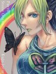  black_hair blue_eyes bug butterfly double_bun earrings green_hair green_lipstick insect jewelry jojo_no_kimyou_na_bouken kuujou_jolyne lipstick makeup midriff mika_(1020mk) multicolored_hair rainbow solo stone_ocean two-tone_hair 