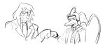 2024 anthro black_and_white cavemanon_studios clothing dinosaur duo eyewear fist_bump gesture glasses hair head_crest human i_wani_hug_that_gator iadakan long_hair male mammal monochrome necktie principal_spears pterodactylus pterosaur reptile scalie short_hair sketch smile snoot_game snout suit unknown_artist wings