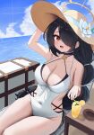  1girl absurdres bare_arms bare_legs bare_shoulders black_choker black_hair blue_archive blush braid breasts choker cleavage collarbone covered_navel cup daraamji2 day drink drinking_glass flower hair_over_one_eye halo hat hat_flower highres hinata_(blue_archive) hinata_(swimsuit)_(blue_archive) large_breasts long_hair looking_at_viewer official_alternate_costume one-piece_swimsuit open_mouth outdoors red_eyes single_braid smile solo sun_hat swimsuit thighs white_flower white_one-piece_swimsuit yellow_halo 