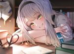  1girl black_hairband blonde_hair book bookshelf desk gradient_hair green_eyes grey_hair grin hairband head_rest highres long_hair looking_at_viewer multicolored_hair nijisanji ryoku_illus scissors shioriha_ruri shirt smile solo virtual_youtuber white_shirt 