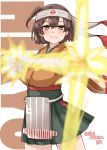  1girl absurdres breasts brown_eyes brown_hair character_name cowboy_shot dragon_quest dragon_quest_dai_no_daibouken green_hakama hachimaki hakama hakama_short_skirt hakama_skirt headband highres hiryuu_(kancolle) hiryuu_kai_ni_(kancolle) japanese_clothes kantai_collection kimono kitahama_(siroimakeinu831) large_breasts looking_at_viewer magic one-hour_drawing_challenge one_side_up pop_(dragon_quest_dai_no_daibouken) short_hair skirt smile solo standing text_background twitter_username yellow_kimono 