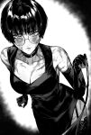  1girl absurdres alternate_costume bare_shoulders bob_cut breasts cleavage closed_mouth collarbone dress elbow_gloves glasses gloves greyscale highres holding holding_leash jujutsu_kaisen leash looking_at_viewer low_neckline monochrome pov round_eyewear scar short_hair side_slit sleeveless sleeveless_dress solo thighhighs viewer_on_leash zen&#039;in_maki zovokia 