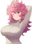  1girl arm_behind_head arms_up breasts green_eyes grey_sweater honda_naoki large_breasts long_sleeves looking_at_viewer mamayuyu one_eye_closed pink_hair ribbed_sweater simple_background solo sweater upper_body white_background wool_pool_elysia 