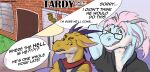 annoyed annoyed_expression anthro clothing comic dialogue dragon duo eyewear glasses hi_res horn kobold kyain male male/male mythological_creature mythological_scalie mythology nervous_expression nervous_sweat scalie scarf sweater topwear