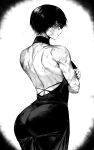  1girl absurdres alternate_costume arched_back ass back backless_dress backless_outfit bare_shoulders closed_mouth cowboy_shot crossed_arms dress from_behind glaring glasses greyscale highres jujutsu_kaisen looking_at_viewer messy_hair monochrome muscular muscular_female nail_polish profile round_eyewear scar scar_on_back short_hair simple_background solo steam steaming_body strapless strapless_dress sweat tight_clothes tight_dress very_short_hair vignetting white_background zen&#039;in_maki zovokia 