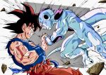 2boys absurdres alien bald battle battle_damage black_eyes black_hair black_nails blue_sash clenched_teeth colored_skin debris dougi dragon_ball dragon_ball_z dutch_angle emphasis_lines evil_smile facing_to_the_side frieza highres holding_hands looking_at_another male_focus multiple_boys muscular muscular_male oharu2000 orange_pants pants pushing red_eyes sash simple_background smile son_goku spiked_hair tail teeth toriyama_akira_(style) torn_cloth white_skin wristband 