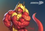 agonwolfe blonde_hair dragon flexing flexing_bicep hair horn humanoid male muscular mythological_creature mythological_scalie mythology red scalie smile smiling_at_viewer