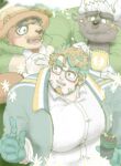  3boys asterius_(housamo) bara bear_boy blush character_request dorayakich facial_hair farmer flower furry furry_male glasses goatee green_hair hair_flower hair_ornament hippolytus_(housamo) huge_eyebrows huge_pectorals index_finger_raised light_brown_hair male_focus manboobs minotaur multiple_boys muted_color plump short_hair smile stubble thick_eyebrows tokyo_afterschool_summoners two-tone_beard upper_body 