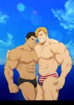  2boys abs absurdres ao_isami bara black_hair black_male_underwear blonde_hair blue_eyes bulge highres large_pectorals lewis_smith male_focus male_underwear mizuki_gai multiple_boys muscular muscular_male navel nipples one_eye_closed pectorals short_hair smile teeth thick_thighs thighs underwear yuuki_bakuhatsu_bang_bravern 