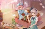  arm_up armband bad_id bad_pixiv_id bottle bow bowl cabinet carrot cherry_blossoms choko_(cup) chopsticks cleaver cooking cucumber cup cushion cutting_board dress egg frying_pan green_eyes hair_ribbon hat hitodama japanese_clothes jar kimono konpaku_youmu kotatsu ladle long_sleeves looking_at_another mob_cap multiple_girls open_mouth petals pink_eyes pink_hair plate puffy_short_sleeves puffy_sleeves ribbon saigyouji_yuyuko short_hair short_sleeves silver_hair sliding_doors spatula table tamaxi tokkuri touhou tree triangular_headpiece wide_sleeves 